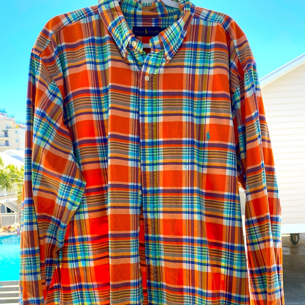 Ralph Lauren Shirt Button Down Orange Plaid Men’s 3X tall Multicolored plaid